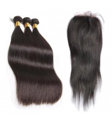 Free Shipping 100% Peruvian Straight Virgin Hair 3 Bundles with 1 Lace Closure